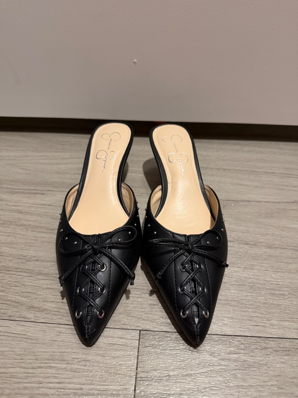 Jessica Simpson Black Pointed Lace-Up Mule Slides